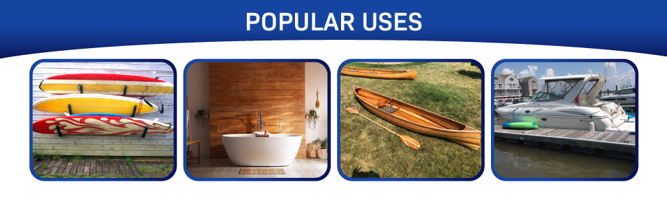 Surfboards on rack, white bathtub, canoe on grass and boat at a dock.