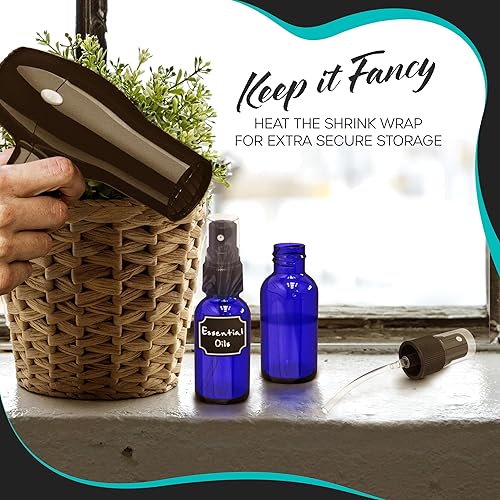 Nevlers 48 Pack Blue 1 Oz Glass Spray Bottle | The Blue Misting Glass Bottles Includes Sprayers, a Funnel & Brush with Bonus Labels to Easily Identify its Contents - Poueer