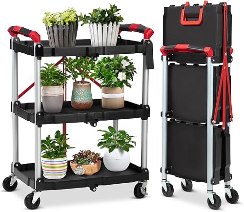 Garvee Mobile Folding Trolley, Portable Service Cart, 3 Tier Utility Cart, Collapsible Utility Carts for Office, Warehouse, and Home, 56 Lbs Load Capacity per Shelf - Poueer