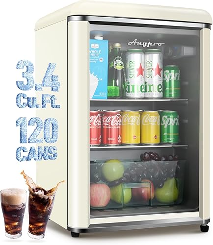 4.9 Cu.Ft Retro Small Beverage Refrigerator Cooler with Double Tempered Glass Door, 120 Can Wine Drink Beer Mini Fridge for Office Bedroom Bar with 7 Temperatures, Adjustable Shelves, Red - Poueer