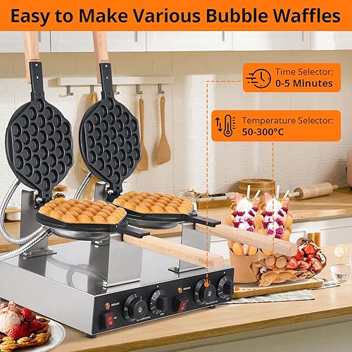 Bubble Waffle Maker 2800W Electric Bubble Waffle Maker Machine Non-stick Egg Waffle Maker Bubble Waffle Baker for Home and Commercial Use - Poueer