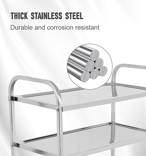 FAHKNS Stainless Steel Cart, 37.2' L X 19.2' W X 36.4' H 3 Layers Stainless Steel with Wheels, 330 LBS Weight Capacity, Rolling Cart with Lockable Universal Wheels, for Kitchen, Lab, Clinic, Salon - Poueer