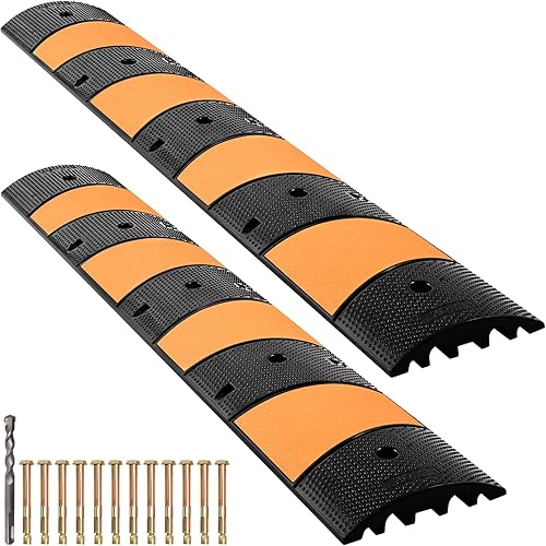 VEVOR Rubber Speed Bump, 1 Pack 2 Channel Speed Bump Hump, 72' Long Modular Speed Bump Rated 22000 LBS Loading, 72.8 x 12.2 x 2.2 Garage Speed Bump for Asphalt Concrete Gravel Driveway with 2 End Cap - Poueer