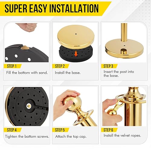 Stanchion Post with Velvet Rope, VIP Stanchion Queue Pole Barrier Posts, Red Carpet Stanchion Set, Gold 10-Pack - Poueer