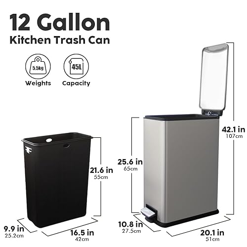 12 Gallon Trash Can, Stainless Steel Trash Can with Fingerprint-Resistant, Removal Inner Buck &Soft Close Plastic Lid, Step Garbage Can for Kitchen and Office, 45 Liter Capacity - Poueer