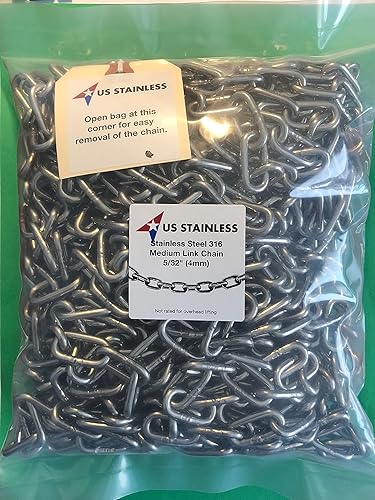 US Stainless Stainless Steel 316 Chain 5/32' (4mm) Medium Link Chain 50' in Poly Bag - Poueer
