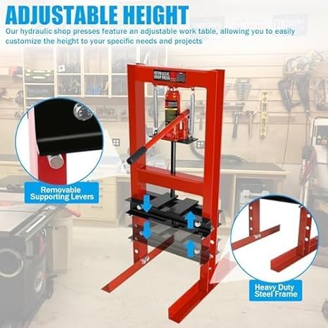 6 Ton Hydraulic Press, H-Frame Garage Floor Adjustable Shop Press with Built-in Relief Valve Pressure Gauge, Hydraulic Shop Press to Bend Straighten Press Parts Install Bearings U-Joints, Red - Poueer