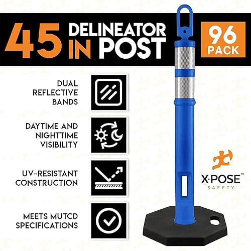Xpose Safety 45' Blue Delineator Posts with Base, 3-Pack – Ring Top, 10' Reflective Band, 13 lb Rubber Base – Traffic, Parking, Construction, Events - Poueer