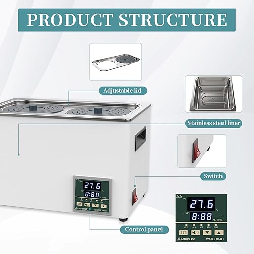 Lab Water Bath Digital WB100-2 Thermostatic Heater Electric Heating Device | Stainless Steel Liner 6L Capacity 2 Selectable Openings Laboratory Experiment Use 110V/60Hz - Poueer