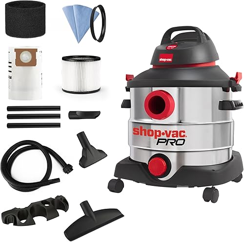 Shop-Vac 8 Gallon 6.0 Peak HP Wet/Dry Vacuum, Stainless Steel Tank, Portable Shop Vacuum with Multifunctional Attachments for Jobsite, Garage & Workshop. 5989400 - Poueer