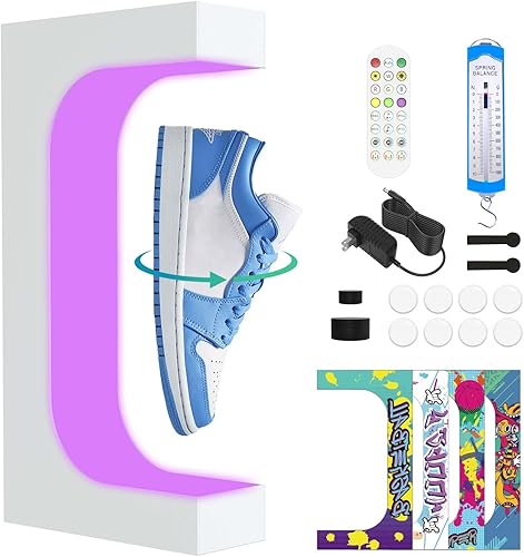 Levitating Sneaker Display, Magnetic Floating Shoe Display Stand with 360° Auto Rotation & LED Light, Levitation Sneaker Holder Rack for Shoes Collector/Advertising Exhibition/Home Decoration, Black - Poueer