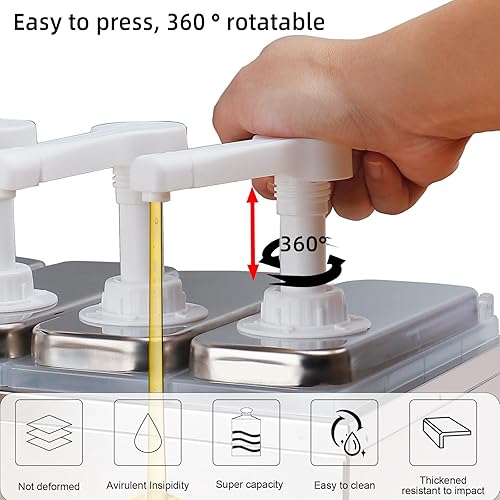 Condiment Pump Dispenser, Stainless Steel Ketchup Pump Dispenser with Measuring Jigger Set-Detachable Leak-Proof Design|for Sauce Honey Syrup Dressing|Commercial & Home Kitchen Use (2L-4jars) - Poueer