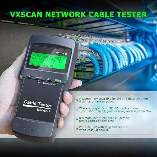 RJ45 Network Cable Tester, VXSCAN 8 Remote Units Network LAN Length Ethernet Cable Tester Kits for Cat5/CAT5e/CAT6/CAT6e - Locate The Breakage Point Length Measurement & Continuity Checking - Poueer