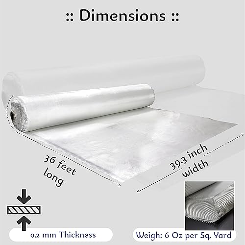 1 Pc Fiberglass Cloth 6 Oz - 39.3 Inches x 36 Feet / 12 Yd Long - E-Glass Plain Weave - Fiberglass Sheet - Fiberglasses Cloth - Woven Fabric for Boat RC Plane Auto Car Surfboard Tub Pool Repair - Poueer
