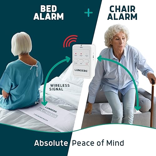 Lunderg Bed Alarm & Chair Alarm System - with Extra Bed Pad - Wireless Early-Alert Bed Sensor Pad, Chair Sensor Pad & Pager - Chair & Bed Alarms and Fall Prevention for Elderly and Dementia Patients - Poueer