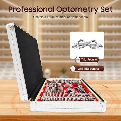 266Pcs Optical Trial Lens Set Optometry Kit Metal Rim Ophthalmic Lenses + Aluminum Case + Trial Frame + Cross Cylinders (266Pcs/Set) - Poueer