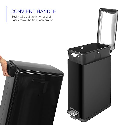 12 Gallon Trash Can, Stainless Steel Trash Can with Fingerprint-Resistant, Removal Inner Buck &Soft Close Plastic Lid, Step Garbage Can for Kitchen and Office, 45 Liter Capacity - Poueer