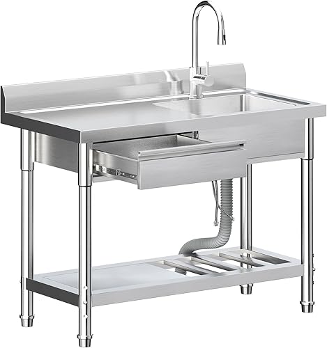 Stainless Steel Utility Sink,Freestanding Kitchen Commercial Sink,with Hot and Cold Water Pipes and Drawers,for Indoor and Outdoor Use,39.4×19.7×35.4inch - Poueer