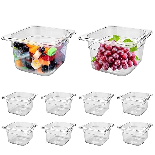 SHUESS 10 Pack Clear Plastic Food Pans, 1/6 Size 4'' Deep Stackable PET Pan with Capacity Indicator, Square Commercial Food Storage Containers for Fruits Vegetables Corns Beans - Poueer