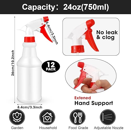 Gerrii 12 Pcs Plastic Spray Bottles with Adjustable Nozzle and Label for Cleaning 24 oz Anti Leak HDPE Spraying Bottles Empty Water Squirt Bottle (Red) - Poueer