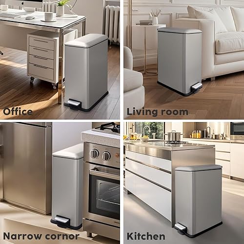 12 Gallon Trash Can, Stainless Steel Trash Can with Fingerprint-Resistant, Removal Inner Buck &Soft Close Plastic Lid, Step Garbage Can for Kitchen and Office, 45 Liter Capacity - Poueer