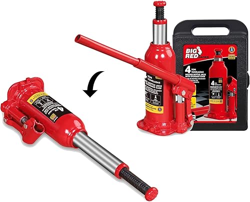 BIG RED T90413-5 Torin Hydraulic Bottle Car Jack with Carrying Case: Vertical and Horizontal Dual Use, 4 Ton (8,000 lb) Capacity, Red - Poueer