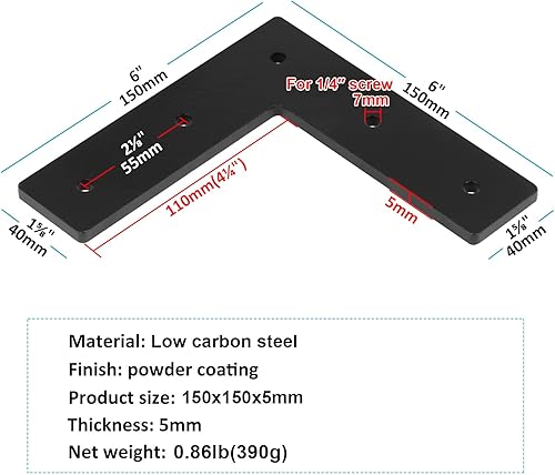 6 Pack Heavy Duty L Shape Tie Flat Mending Plate, 6' Flat Corner Brace Bracket Post and Beam Connector, 3/16' Thick - Poueer