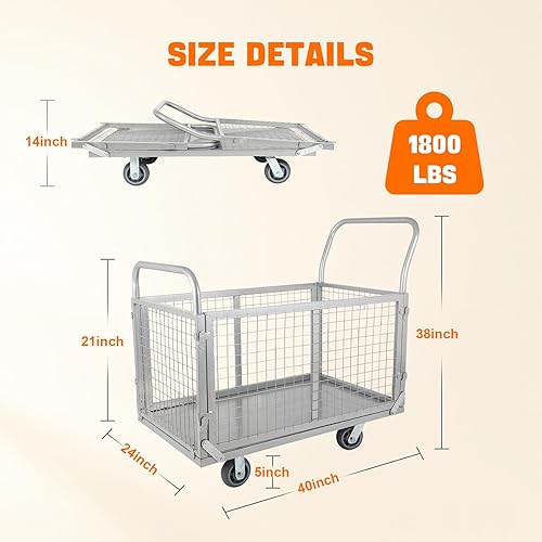 Platform Truck Cart with Cage, 5 in 1 Trolley Cart with Wheels 1800 Lbs Capacity Foldable Push Cart Dolly with 5' Casters for Groceries, Garage - Poueer