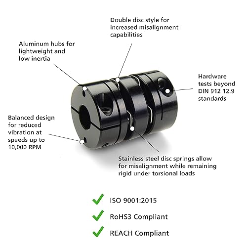 Ruland MDCD25-10-8-A 2024 or 7075 Aluminum Hubs Disc Coupling, Double Disc Clamp Style, 10 mm x 8 mm Bores, 25.4 mm OD, 34.9 mm Length - Poueer