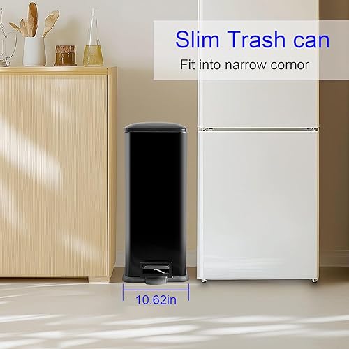 12 Gallon Trash Can, Stainless Steel Trash Can with Fingerprint-Resistant, Removal Inner Buck &Soft Close Plastic Lid, Step Garbage Can for Kitchen and Office, 45 Liter Capacity - Poueer