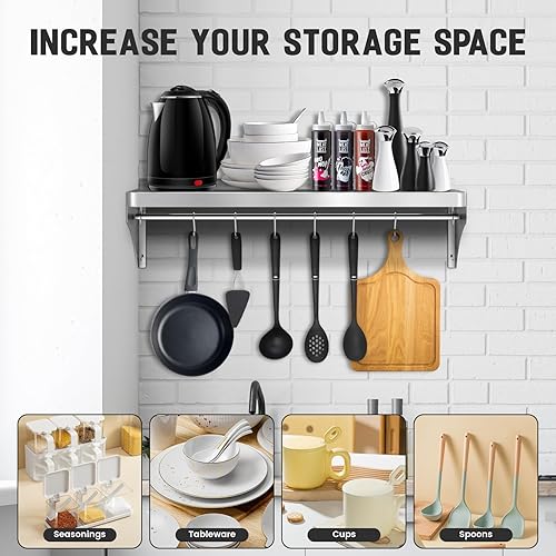 12'x24' Stainless Steel Shelf, Stainless Metal Steel Shelf Wall Mounted with 6 Hooks for Restaurant, Bar, Utility Room and Garage - Poueer