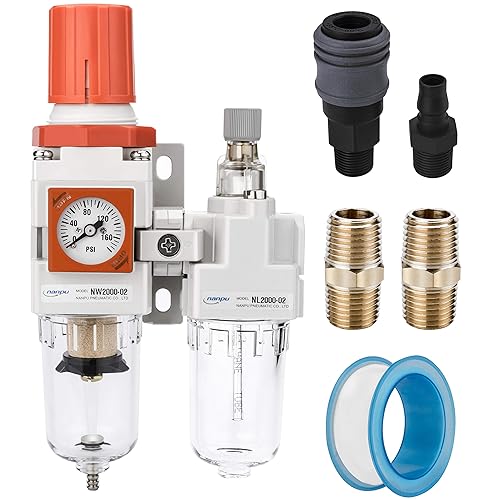 NANPU 1/4' NPT Embedded Gauge Compressed Air Filter, Regulator＆Lubricator Combo Water/Oil Trap Separator - 0-180 psi Gauge, Semi-Auto Drain, Poly Bowl, Metal Bracket - 3 in 1 Two Unit - Poueer