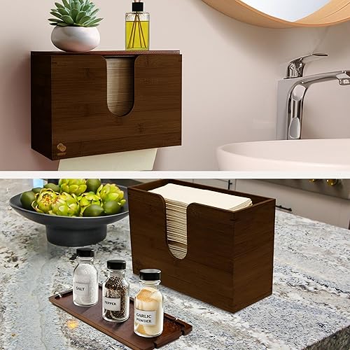 eBun Bamboo Folded Paper Towel Holder – Wall Mount & Countertop Paper Towel Dispenser for Bathroom, Kitchen & Office – Fits C-Fold, Multifold, Z-Fold Towels – Rustic Modern Design, Black - Poueer
