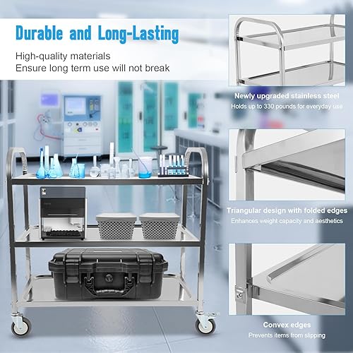 FAHKNS Stainless Steel Cart, 37.2' L X 19.2' W X 36.4' H 3 Layers Stainless Steel with Wheels, 330 LBS Weight Capacity, Rolling Cart with Lockable Universal Wheels, for Kitchen, Lab, Clinic, Salon - Poueer