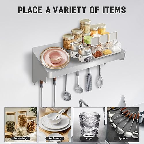 12'x24' Stainless Steel Shelf, Stainless Metal Steel Shelf Wall Mounted with 6 Hooks for Restaurant, Bar, Utility Room and Garage - Poueer