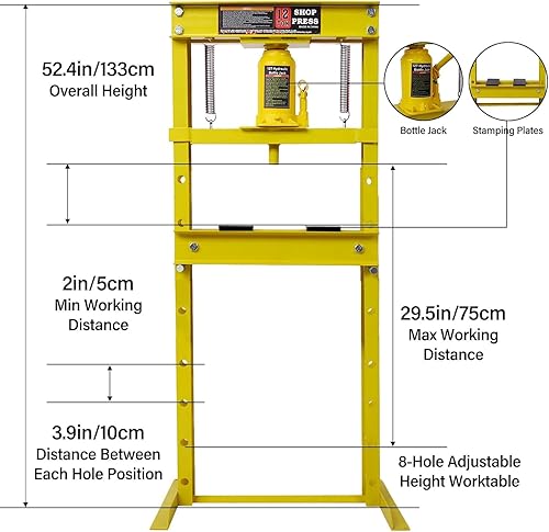 6 Ton Hydraulic Press, H-Frame Garage Floor Adjustable Shop Press with Built-in Relief Valve Pressure Gauge, Hydraulic Shop Press to Bend Straighten Press Parts Install Bearings U-Joints, Red - Poueer