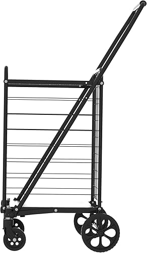 Shopping Cart with Shelf,Grocery Cart on Wheels, Foldable Utility Shopping Carts with Double Basket and 360° Rolling Swivel Wheels for Groceries Laundry - Poueer