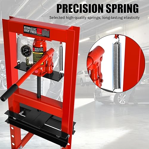 6 Ton Hydraulic Press, H-Frame Garage Floor Adjustable Shop Press with Built-in Relief Valve Pressure Gauge, Hydraulic Shop Press to Bend Straighten Press Parts Install Bearings U-Joints, Red - Poueer