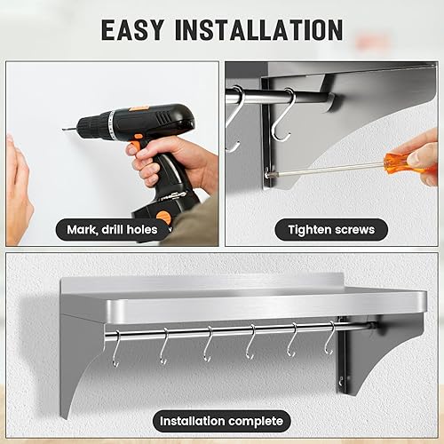 12'x24' Stainless Steel Shelf, Stainless Metal Steel Shelf Wall Mounted with 6 Hooks for Restaurant, Bar, Utility Room and Garage - Poueer