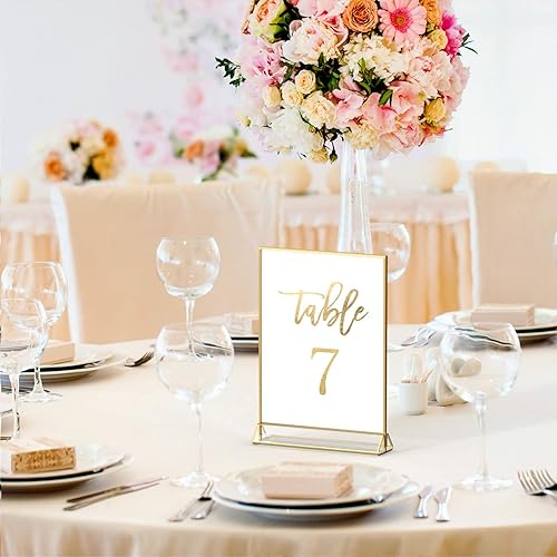 NIUBEE 6Pack 5 x 7 Clear Acrylic Wedding Table Number Holder Stands with Gold Borders, Double Sided Picture Frames Sign for Restaurant Menu Recipe Cards Photo Display - Poueer