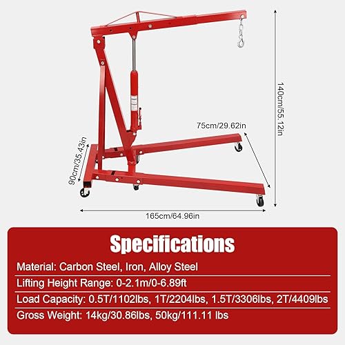 Engine Hoist with Lever, 2 Ton 4409lb Heavy Duty Folding Shop Crane with 6 Casters Cherry Picker Shop Crane Hoist Lift, Engine Lift Lever for Engine Lift Loading(Sent in 2 packages, red) - Poueer