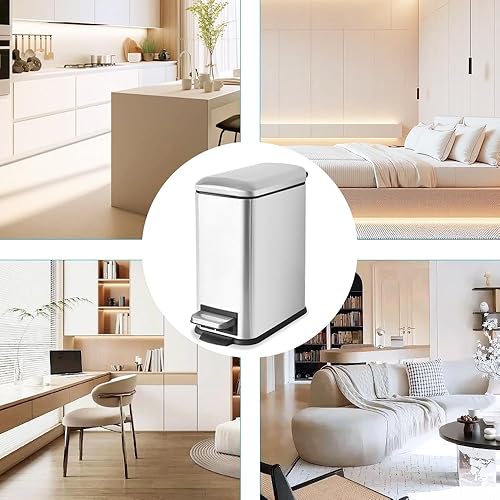 12 Gallon Trash Can, Stainless Steel Trash Can with Fingerprint-Resistant, Removal Inner Buck &Soft Close Plastic Lid, Step Garbage Can for Kitchen and Office, 45 Liter Capacity - Poueer