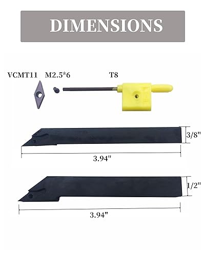 3/8in 1/2in Indexable Metal Lathe Turning Tool Holder with VCMT110304 Carbide Turning Inserts for Stainless Steel(2pcs Holders + 10pcs VCMT11 Insert + 10pcs Screws) - Poueer
