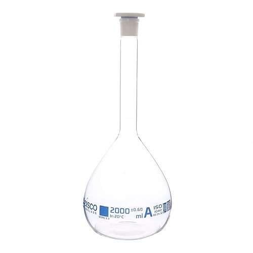 Eisco Volumetric Flask, 2000mL - Class A - Borosilicate Glass, Polyethylene Stopper, 29/32 Socket - QR Code Marking for Calibration Certificate - Poueer