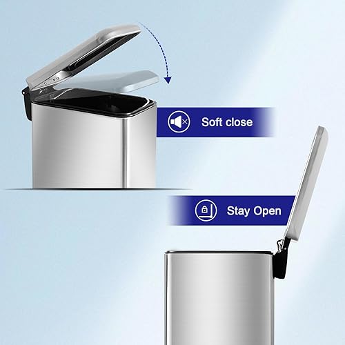 12 Gallon Trash Can, Stainless Steel Trash Can with Fingerprint-Resistant, Removal Inner Buck &Soft Close Plastic Lid, Step Garbage Can for Kitchen and Office, 45 Liter Capacity - Poueer