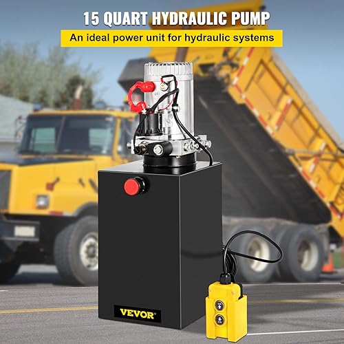 Mophorn Single Acting Hydraulic Pump 12V DC Hydraulic Power Unit 3.75 Gallon Dump Trailer Pump Steel Hydraulic Power Unit (Steel, 15 Quart/Single Acting) - Poueer