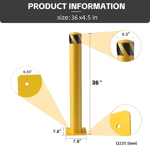 Safety Bollard 4 Packs,36 Inche Height Steel Bollard Safety, 4.5 Inch Diameter Parking Bollard.Yellow Steel Bollard for Driveways, Parking Lots, Store Entrances and Sensitive Areas - Poueer