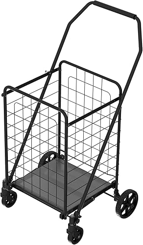 Shopping Cart with Shelf,Grocery Cart on Wheels, Foldable Utility Shopping Carts with Double Basket and 360° Rolling Swivel Wheels for Groceries Laundry - Poueer