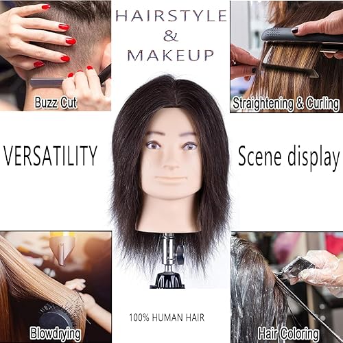 HAIRWAY Male Mannequin Head Human Hair 8 Inch Hairdresser Practice Mannequin Head with 100% Real Human Hair Cosmetology Styling Training Manikin Doll Head with Table Stand Clamp (Natural Black) - Poueer