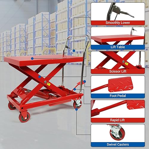 Double Scissor Hydraulic Lift Table Cart 1100lbs Capacity 31' Lifting Height, Lift Table with 4 Wheels and Non-Slip Pad for Material Handling and Transportation, Red - Poueer